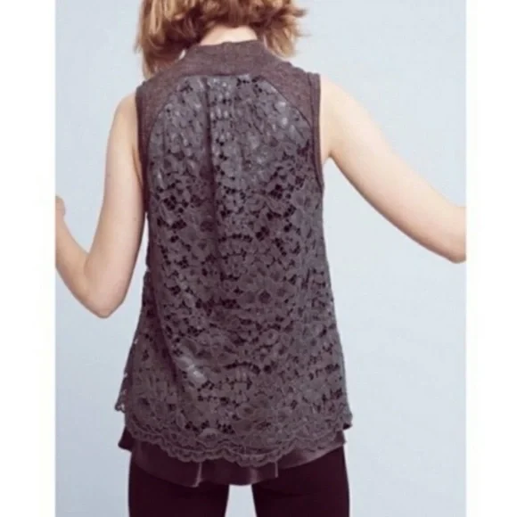 Anthropologie Moth Gray Knit Lace Back Sleeveless Sweater - Picture 1 of 8
